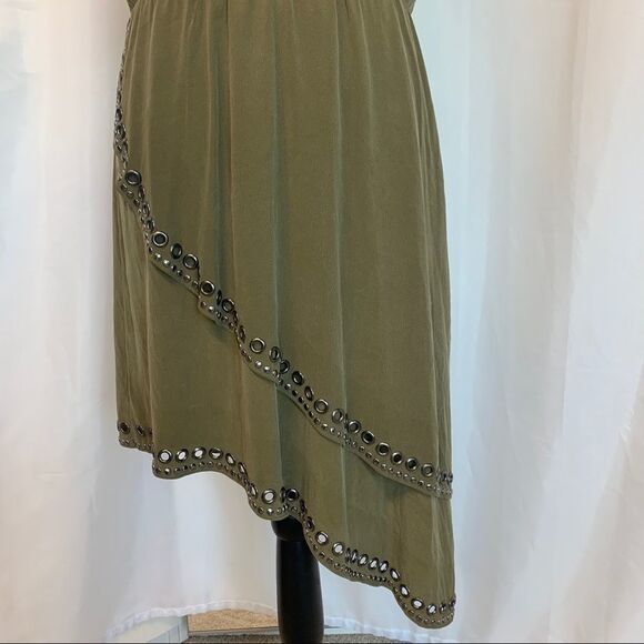 Haute Hippie asymmetrical Military green grommets silk dress Sz M - Picture 5 of 13